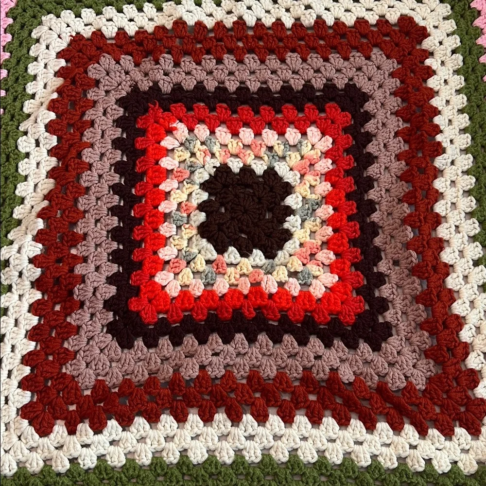 Vintage Handmade Multi-Color Granny Square Crochet Throw Blanket 5’x5’ - Picture 3 of 6